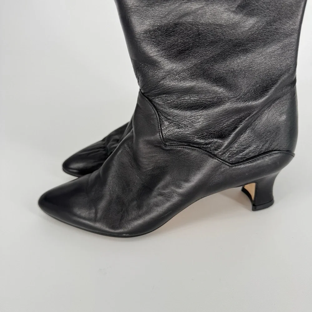 Vintage Vera Cruz Black Leather Thigh High Boots 80s Slouchy Kitten Heel Size 6